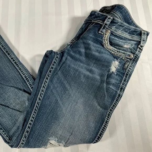 Medium Wash Pre-Distressed Jeans w/ Filigree Buttons & Rivets - Picture 2 of 4